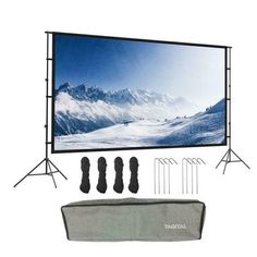 a projector screen and accessories for a tripod set up on a white background