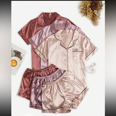 Nwt Set Includes Collard Button Down Top With Front Pocket And Ruched Front, Also Includes Matching Bottoms With Elastic Waistband. 97% Polyester 3% Elastane, See Pics For Measurements Also Have Large And Xl Sizes In Closet Choose From Colors Champagne, Pink, And Burgundy Dream Sleepover, 16 Wishes, Friends Bachelorette, Silk Pj Set, Satin Pjs, Silk Pjs, Pj Party, Pyjama Satin, Cute Pjs