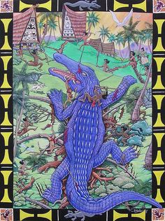 an image of a blue alligator in the middle of a jungle with other animals and trees