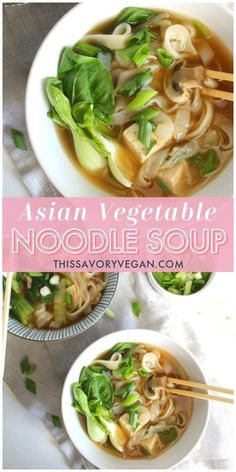 This Asian Vegetable Noodle Soup is full of healthy veggies, protein packed tofu and gluten free noodles. The perfect vegan meal for the cold season | ThisSavoryVegan.com #thissavoryvegan #vegansoup #tofusoup Vegetable Noodle Soup, Vegetable Noodle, Asian Soup Recipes, Gluten Free Noodles, Vegetable Noodles, Asian Vegetables, Chinese Cooking Recipes, Vegan Soup Recipes, Asian Soup