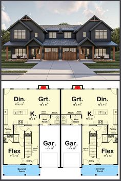 This 3-bedroom, two-story twin modern duplex farmhouse offers the perfect blend of style and functionality. Featuring an office-friendly flex room, this floor plan provides ample space for work and relaxation. Ideal for modern families, it combines the charm of a farmhouse with the convenience of contemporary living.