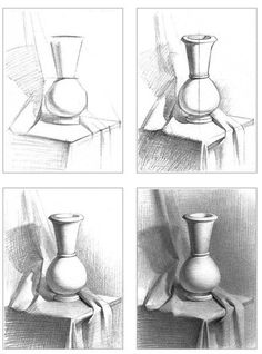 four drawings of vases on a table