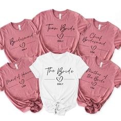 the bride t - shirt bundle is shown in pink and white with hearts on it