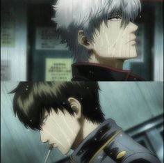 two anime characters one with white hair and the other black