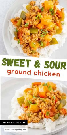 sweet and sour ground chicken with rice on a white plate