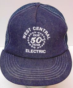 Vintage 1989 WEST CENTRAL ELECTRIC MISSOURI MO ADVERTISING DENIM TRUCKER HAT CAP 50TH ANNIVERSARY HAT 1939 - 1989 VINTAGE 1980S TRUCKER HAT EXCELLENT VINTAGE CONDITION FROM A LARGE HAT COLLECTION THAT HAS BEEN IN STORAGE (Sorry for any glare or flashback from the flash on my digital camera - Click On The Pics To Make Them Bigger)    PLEASE REVIEW ALL PHOTOS BEFORE PURCHASING!    Please review all photos and read the entire item description before purchasing. This Vintage 1980s  ADVERTISING TRUCK Vintage Cotton Trucker Hat For Streetwear, Vintage Trucker Hat For Streetwear, Vintage Cotton Baseball Cap, Vintage Denim Cap, Anniversary Hat, Vintage Denim Hat For Streetwear, Vintage Denim Baseball Cap, Vintage 5-panel Trucker Hat For Streetwear, Vintage Blue Cotton Trucker Hat