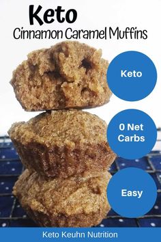 three keto cinnamon creme muffins stacked on top of each other with the words keto