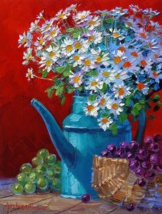 a painting of daisies and grapes in a blue watering can