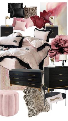 a bedroom with pink and black accents, leopard print rugs, bedding and pillows