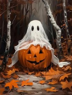 a painting of a pumpkin in the woods with a ghost on it's head