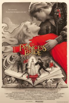 the princess bride movie poster with an image of a man and woman hugging each other