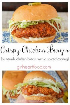 the chicken burger with lettuce and tomato sauce is shown in two different views