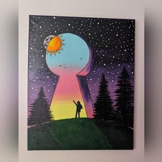 a painting of a person standing in front of a keyhole with the sun above it