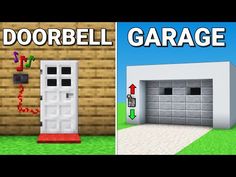 a garage with the door open and an arrow pointing up to it in minecraft