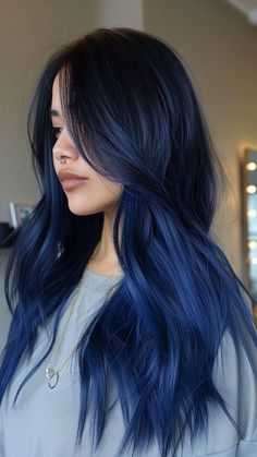 24 Intense Blue Black Hair Impressions Blue Jeans Hair Color, Cool Tone Fashion Color Hair, Blue Jean Hair, Black Into Blue Hair, Blue Color Hair Ideas, Dark Blue Hair Styles, Black Hair That Looks Blue, Dark To Light Blue Hair, Dark Hair With Blue Money Piece