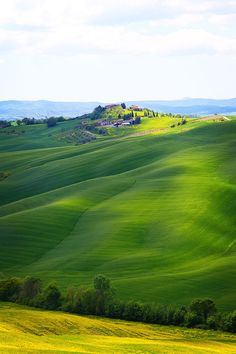 the rolling hills are covered in green grass