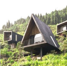 two houses on the side of a hill with trees in the background and grass below