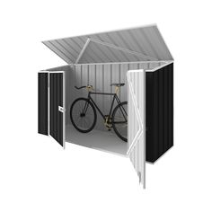 an open storage shed with a bicycle in it