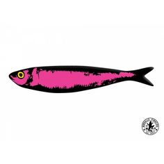 a pink and black fish with yellow eyes on it's side, against a white background