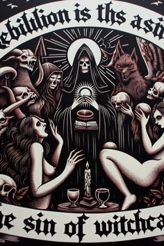 a black and white poster with an image of the devil surrounded by other demonic creatures