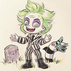 a drawing of a creepy clown standing in front of a gravestone with a dog