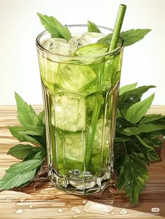 a painting of a glass filled with ice cubes and green leafy drink garnish