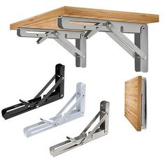 three different types of wall mounted brackets with wood and metal support bars on each side