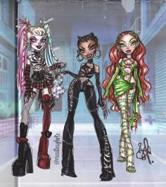 three dolls are standing next to each other in front of a wall with graffiti on it