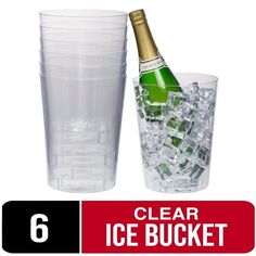 clear ice bucket with champagne bottle in it next to a plastic cup filled with ice cubes