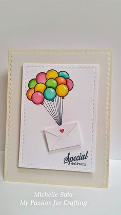 a card with balloons on it and the words special delivery written in black ink,