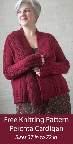 a woman wearing a red knitted cardigan with text overlay that reads free knitting pattern