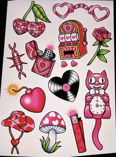 an assortment of stickers with hearts, flowers, and other things in them on a white sheet