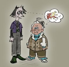 an older man standing next to another old man with a thought bubble above his head