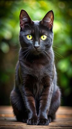 a black cat with yellow eyes sitting on a wooden table in front of some trees