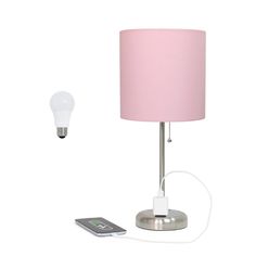 a pink lamp next to a remote control and a lightbulb on a white background