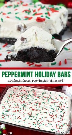 peppermint holiday bars with white frosting and sprinkles on top