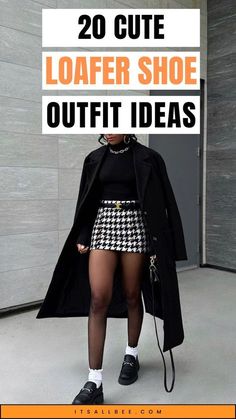 How To Style Loafers Black Women, White Shirt And Black Sweater Outfit, How To Style Womens Loafers, Dress With Loafers Outfit Classy, Black White Loafers Outfit, Dresses And Loafers, Penny Loafers For Women Outfits Casual, How To Style Black Loafers