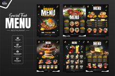 a menu for a restaurant with food and drinks on the front, side and back