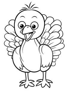 a cartoon turkey with big eyes and large feathers, outlined in black and white ink