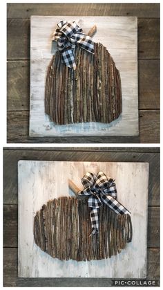 two pictures of the same pumpkin made out of wood planks and tied with ribbon