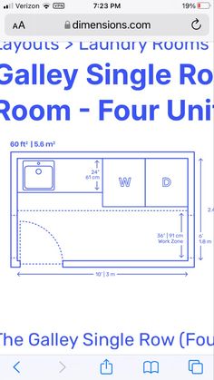 the galaxy single room floor plan is shown in blue and white, as well as an iphone