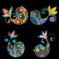 four different designs on a black background, each with flowers and swirls in the center