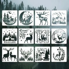 the silhouettes of different animals and trees are shown in white on a window sill