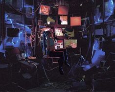 a person sitting in a room filled with televisions and other things on the walls