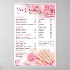 a menu with pink flowers and manies on it