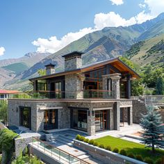 a large stone house with mountains in the background