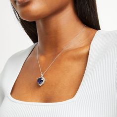 A rich heart-shaped blue lab-created sapphire gleams within a frame of white lab-created sapphires on this stunning necklace for her. Fashioned in classic sterling silver, the pendant sways from an 18-inch cable chain that secures with a lobster clasp. Blue Heart Necklace, Sapphire Heart Necklace, Gold Layered Bracelets, Neil Lane Engagement Rings, Pearl Diamond Jewelry, Cross Jewelry Necklace, Fan Jewelry, Fall Fashions, Halo Necklace