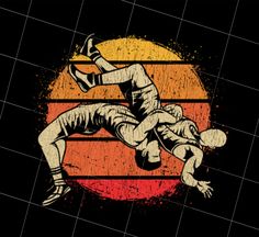 two men are wrestling in front of an orange and black background with the sun behind them