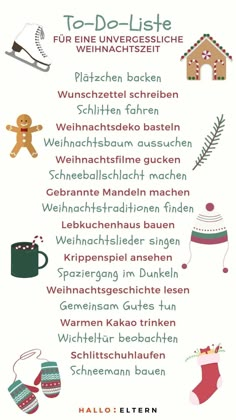 the german christmas list is shown in red, white and green colors with words that read to - do - list