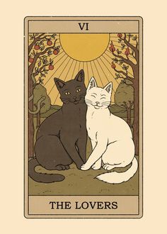 two cats sitting next to each other on a tarot card